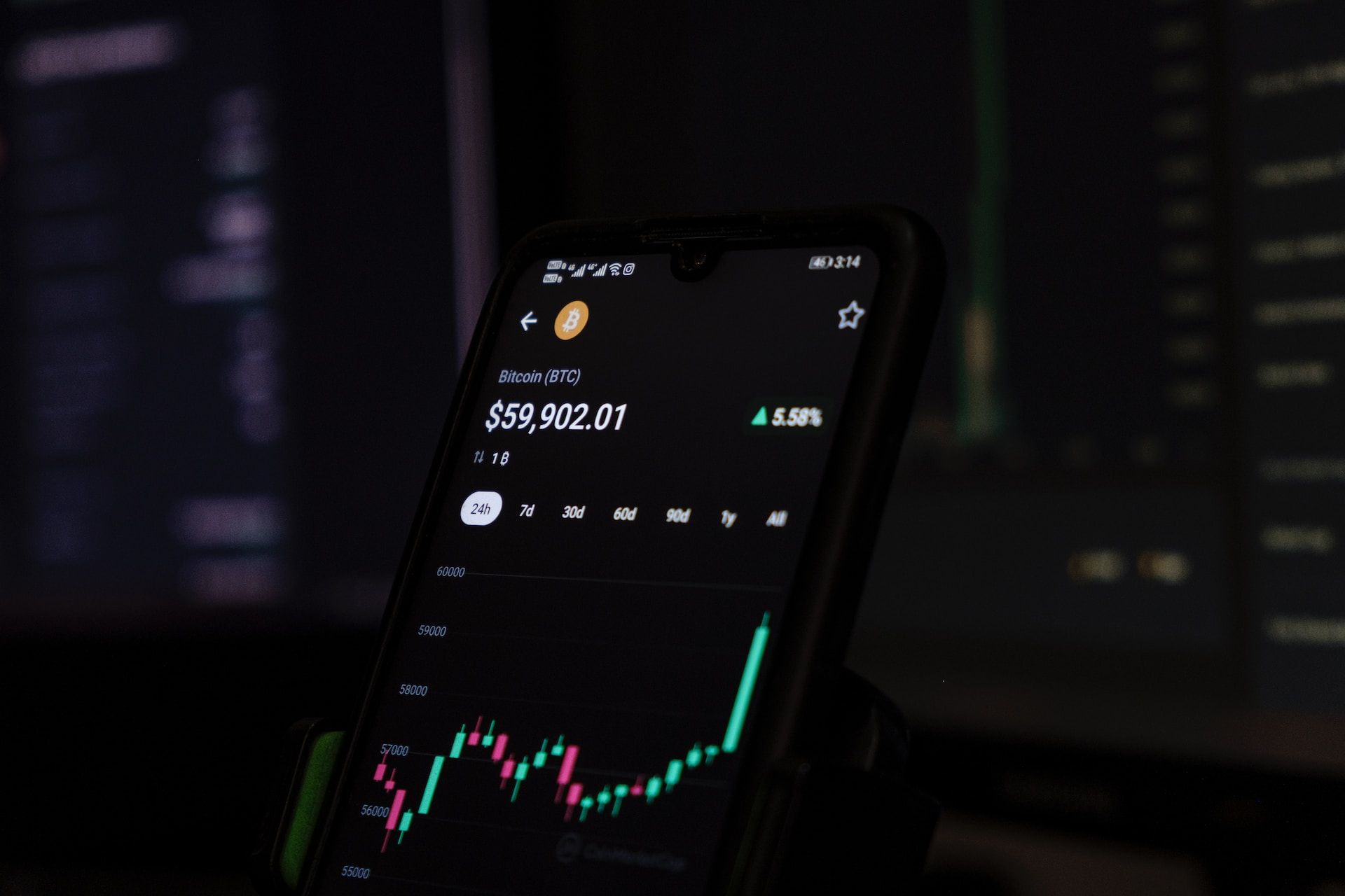 A smartphone wallet and trading app showing graph of Bitcoin value