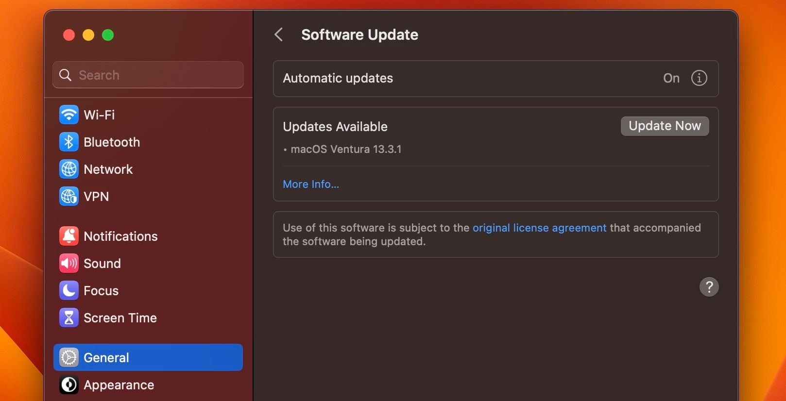 Software Update menu in macOS Ventura