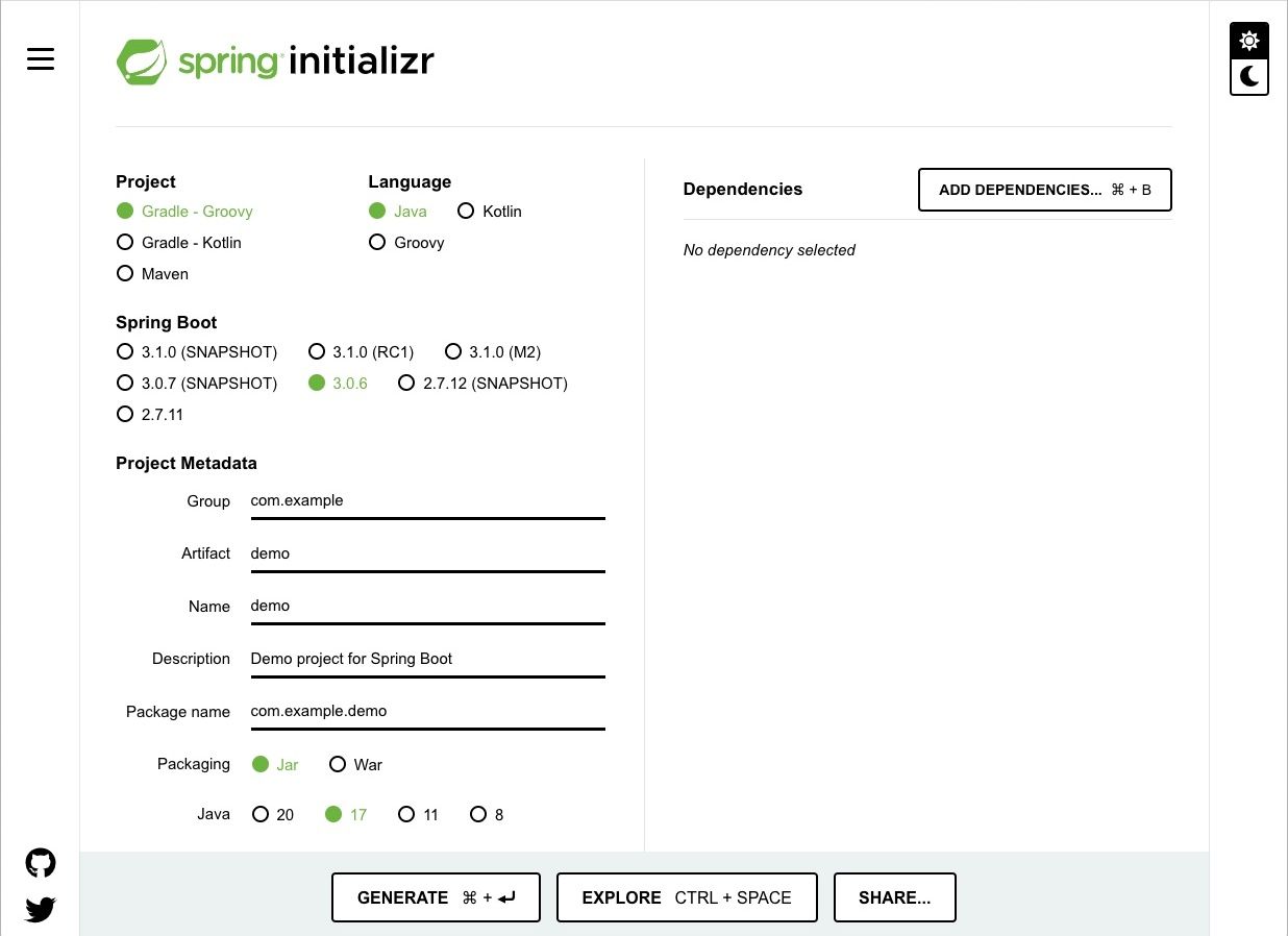 Công cụ Spring Initialzr, một ứng dụng dựa trên web trình bày một biểu mẫu với các tùy chọn để tạo một dự án Spring mới.