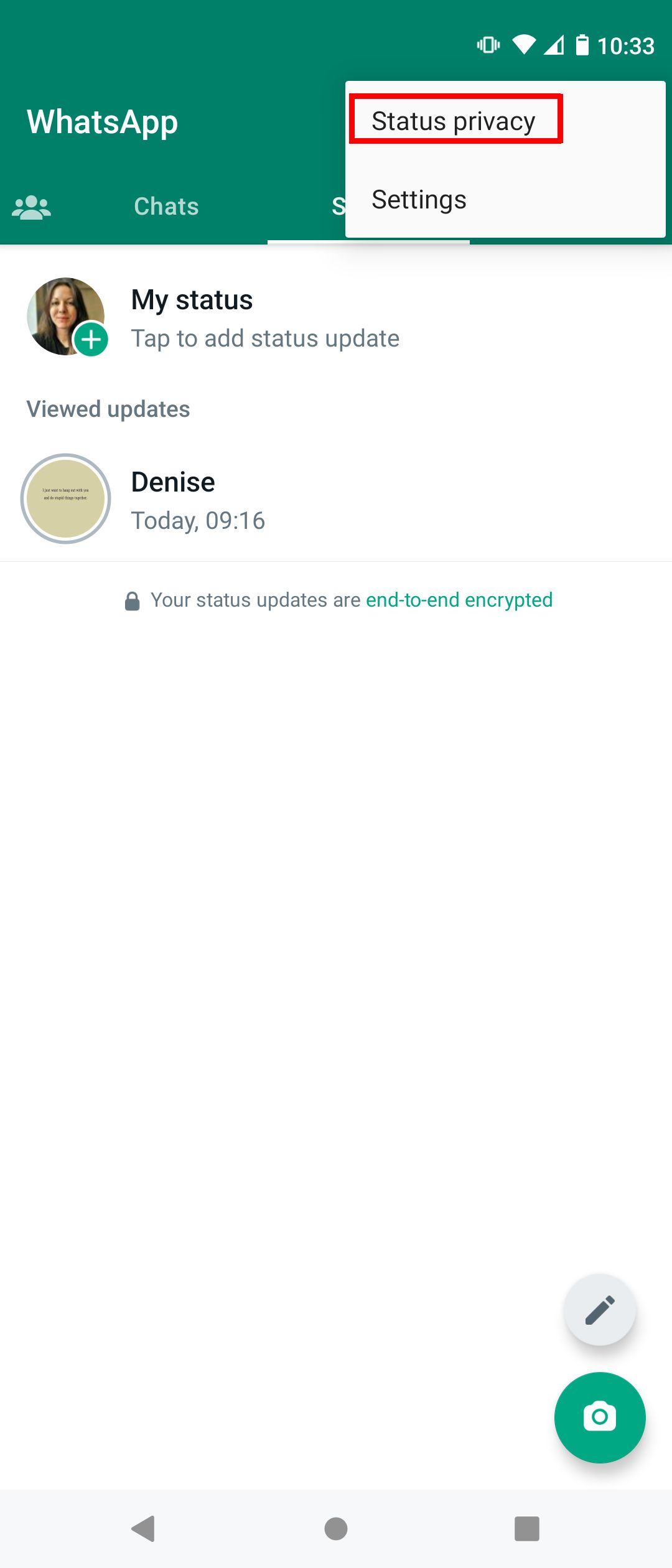 Opção de privacidade de status no WhatsApp