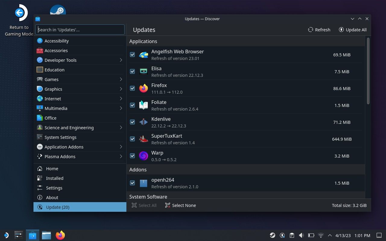 به روز رسانی نرم افزار در برنامه Discover در Steam Deck.