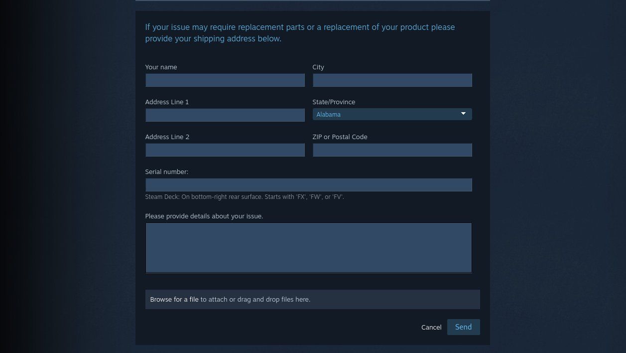 Opening a support ticket on the Steam Deck support page.