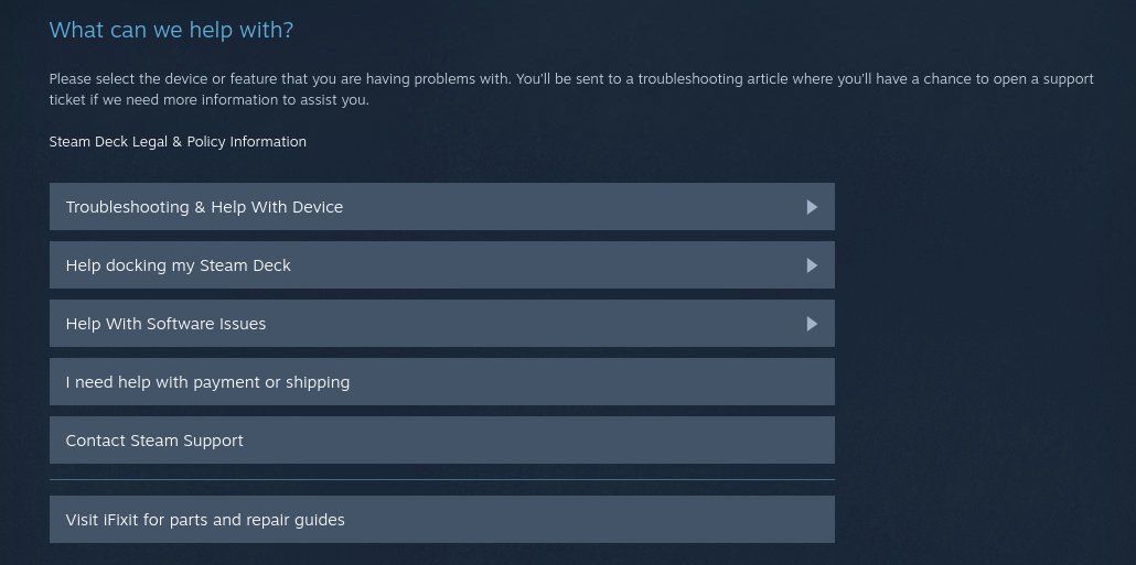 The available options on Valve's Steam Deck support page.