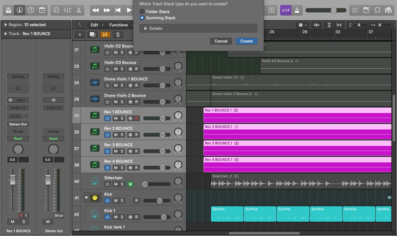 Drop-down menu to create a Summing Stack from selected regions in Logic Pro