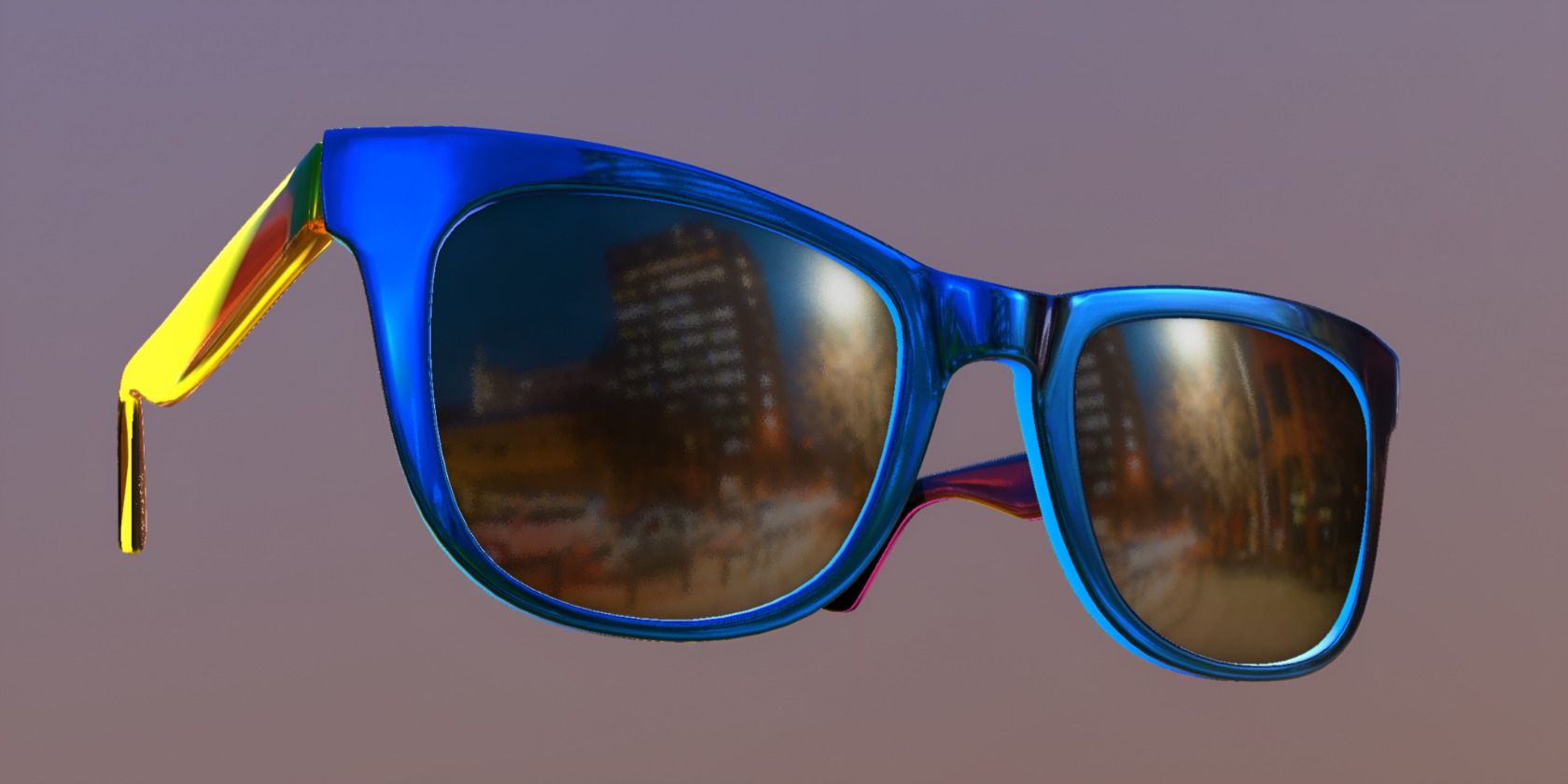 3D model of blue and yellow framed sunglasses in 3D nightlife environment 
