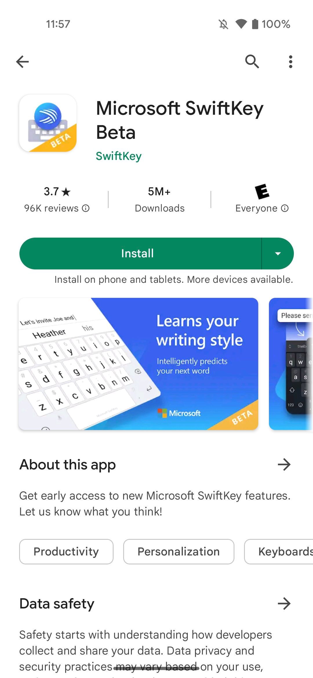 Halaman pemasangan Microsoft SwiftKey Beta di Google Play