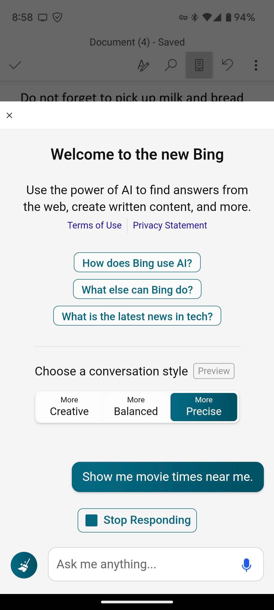 Contoh penggunaan obrolan di Bing AI melalui SwiftKey Beta