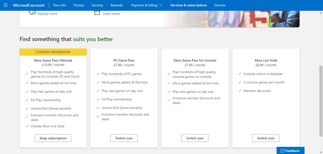 A screenshot of the available Xbox Game Pass plans for a Microsoft Account showcasing the option to Switch Now