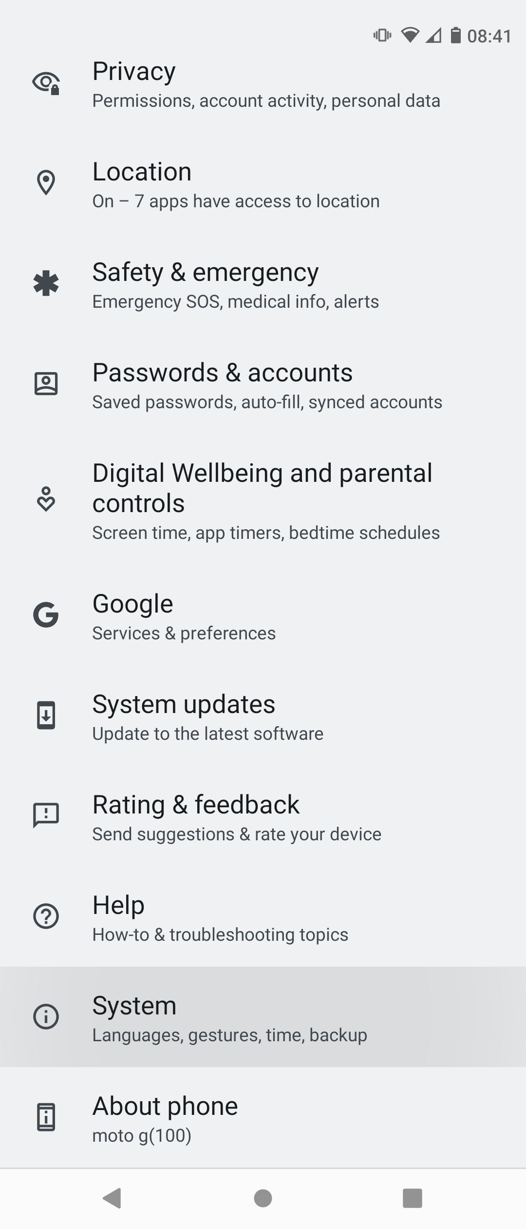 System Tab in Android Settings