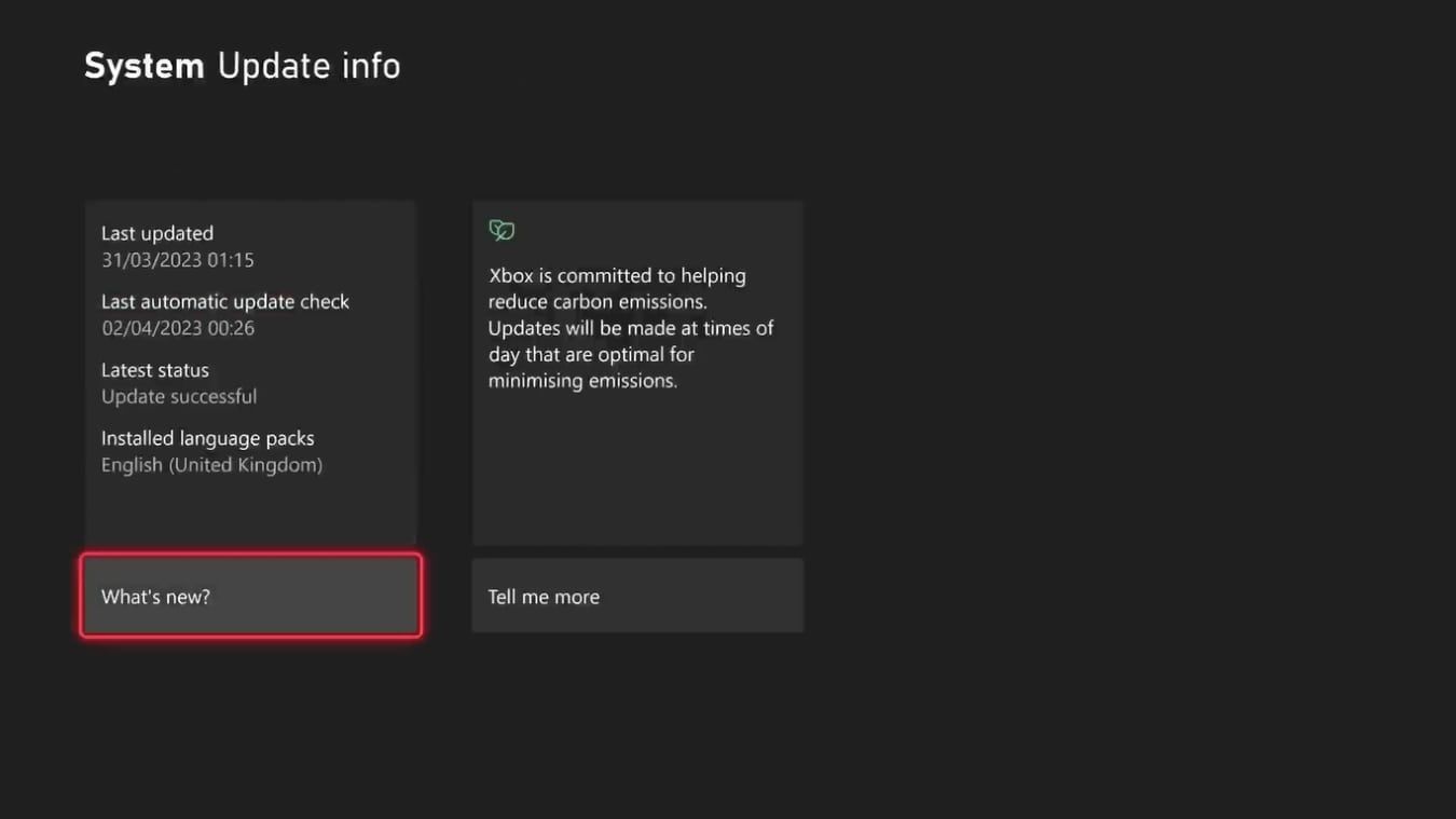 A screenshot of the System Update Info page for an Xbox Series X 