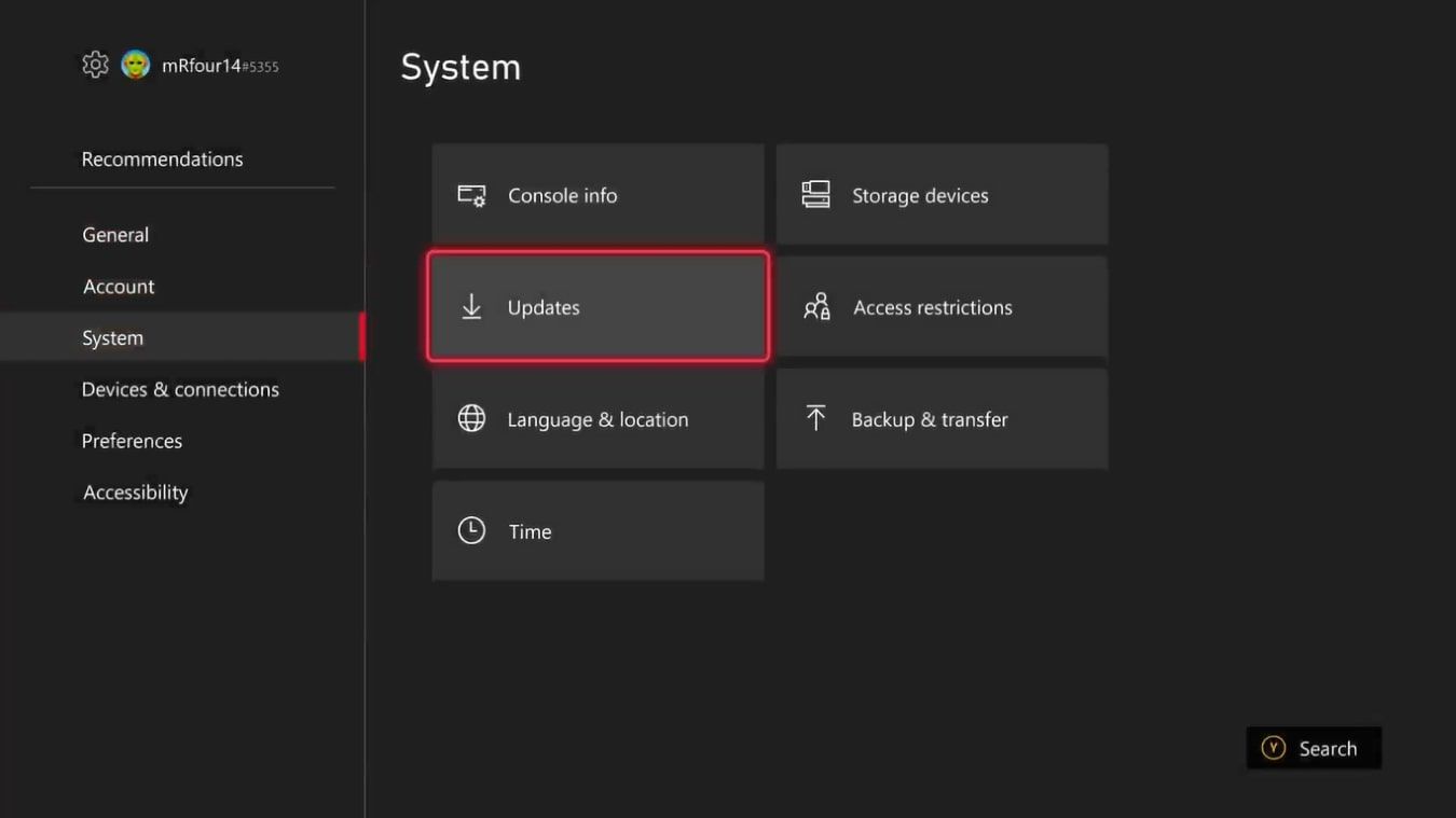 A screenshot of the System settings for an Xbox Series X with Updates highlighted