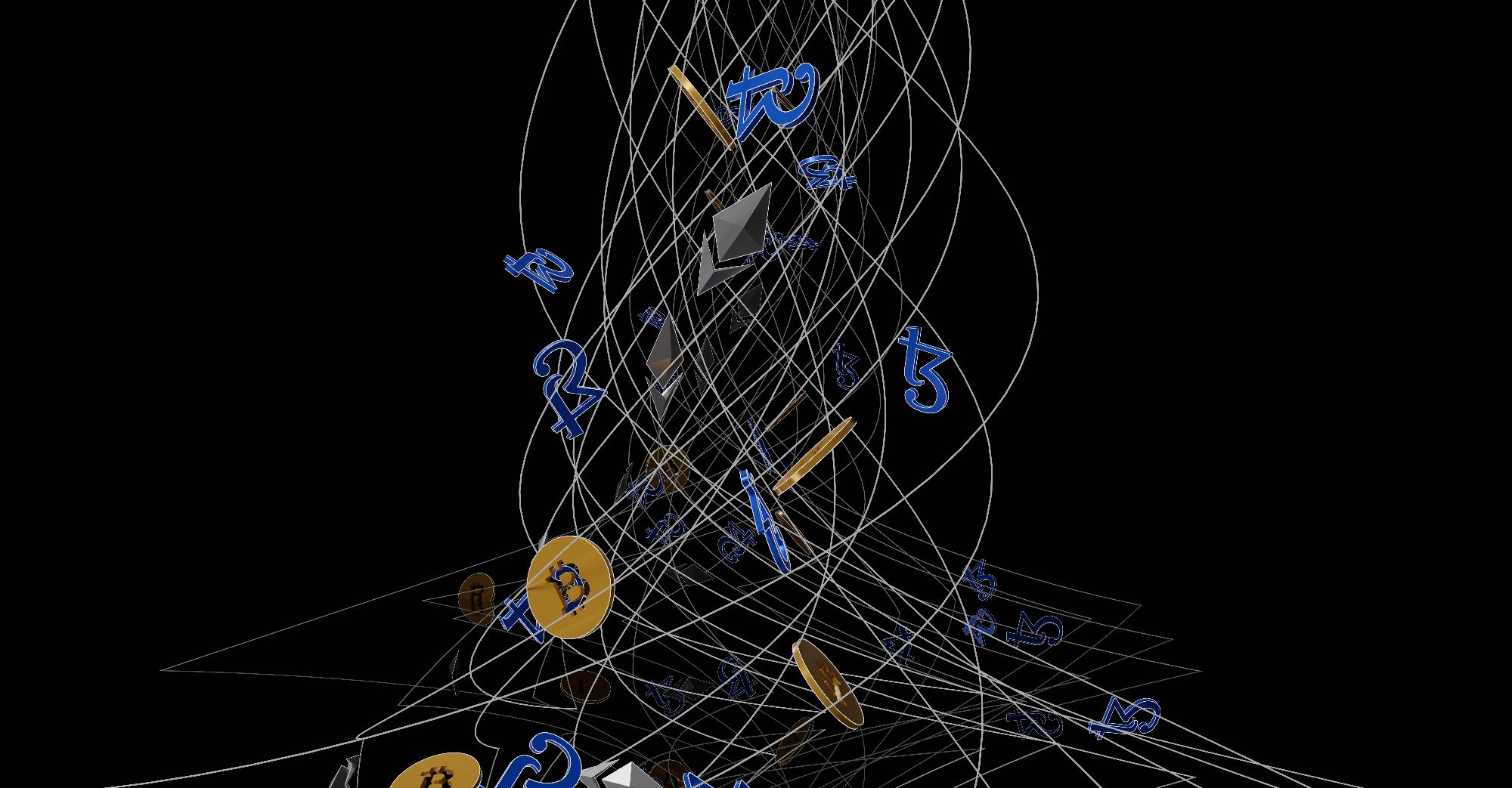 various cryptocurrency symbols spiral in webbing 