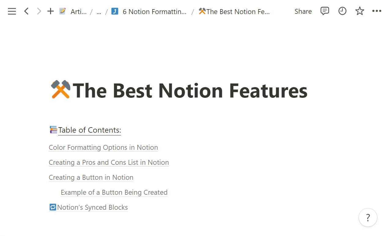 Table of Contents in Notion