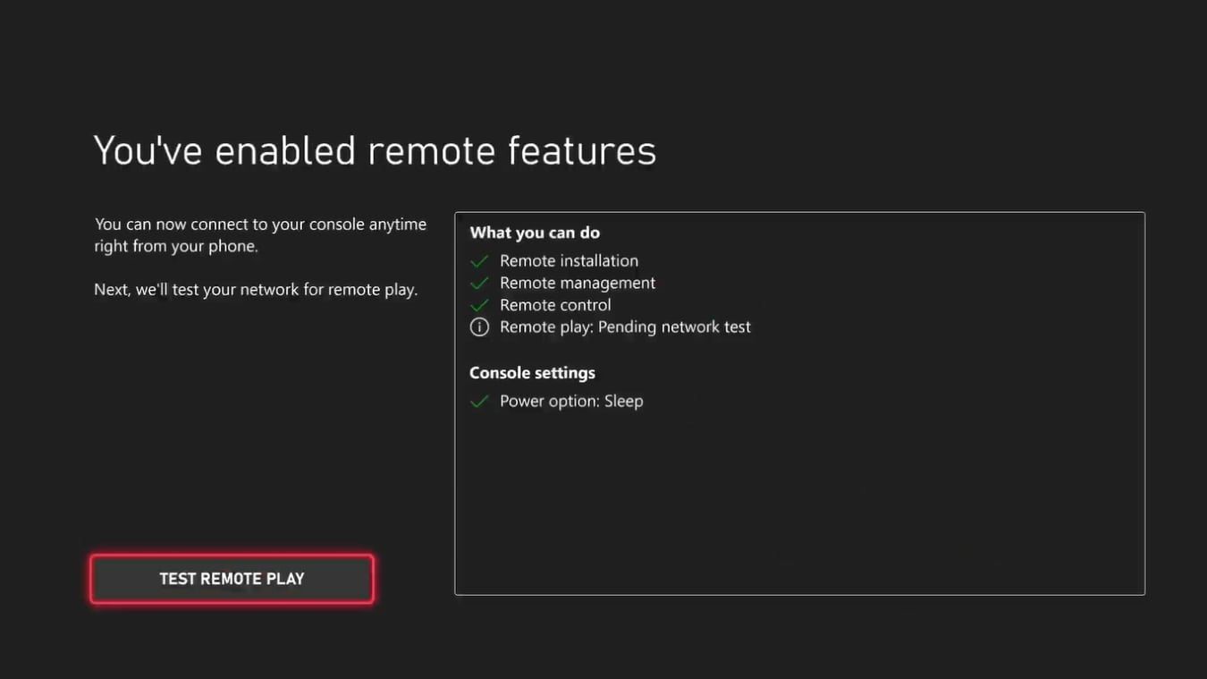 A screenshot of the option to Test Remote Play on an Xbox Series X 