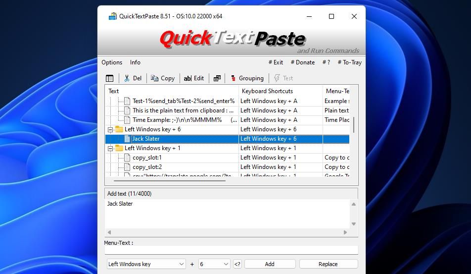 The QuickTextPaste window 
