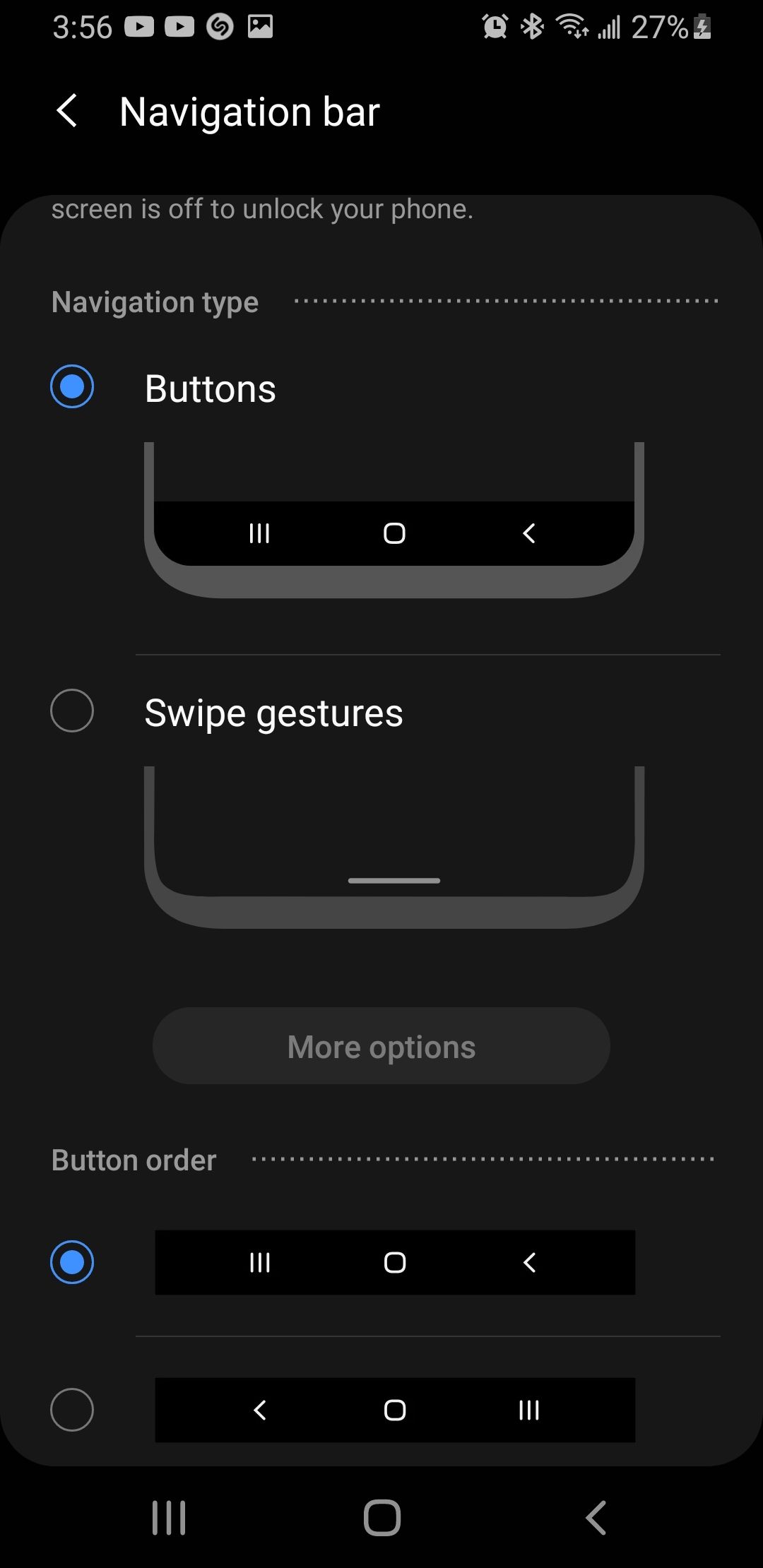 Three-button navigation button order settings on samsung galaxy s9