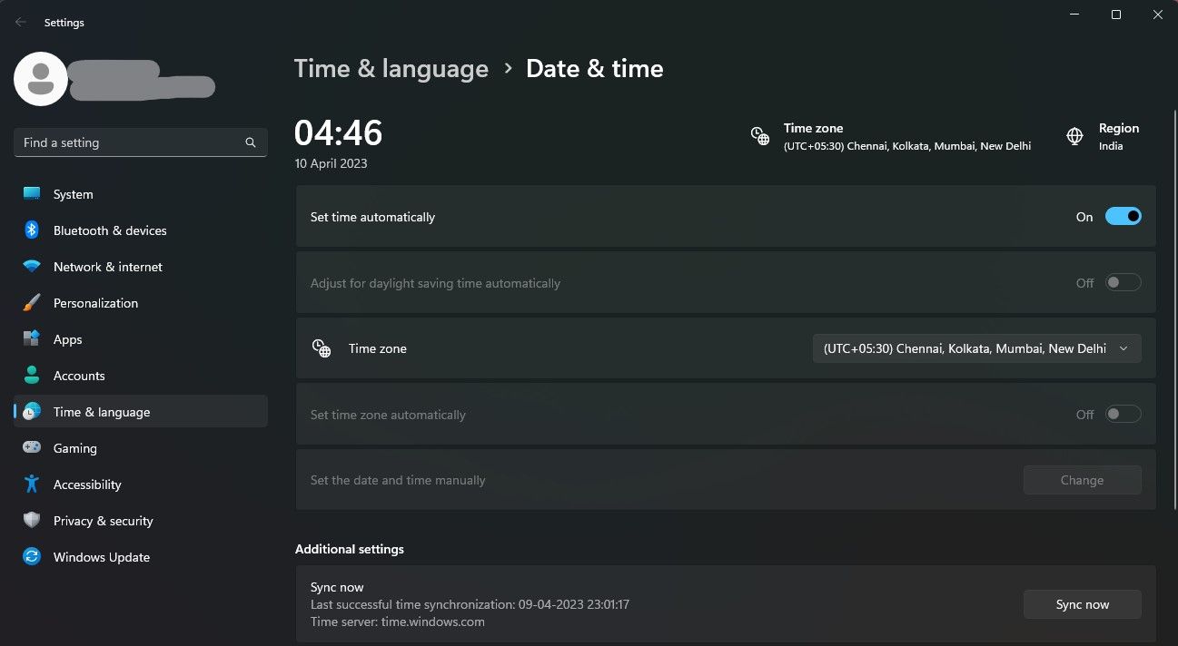 time and date settings in Windows