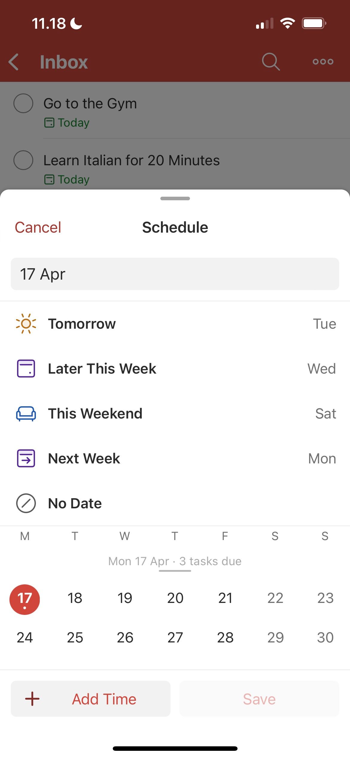 Todoist Schedule Options Screenshot