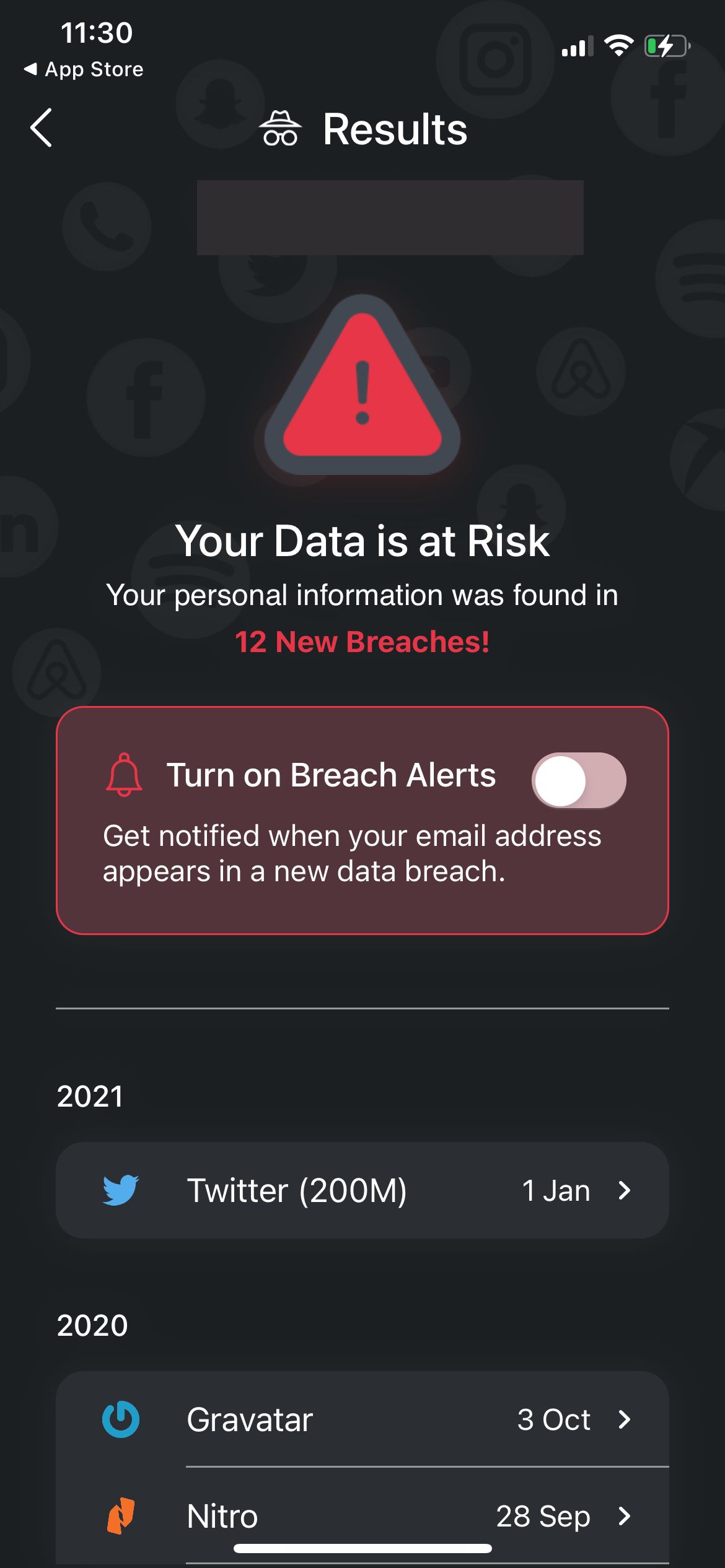TotalAV's free iPhone app showing breach detection results. 