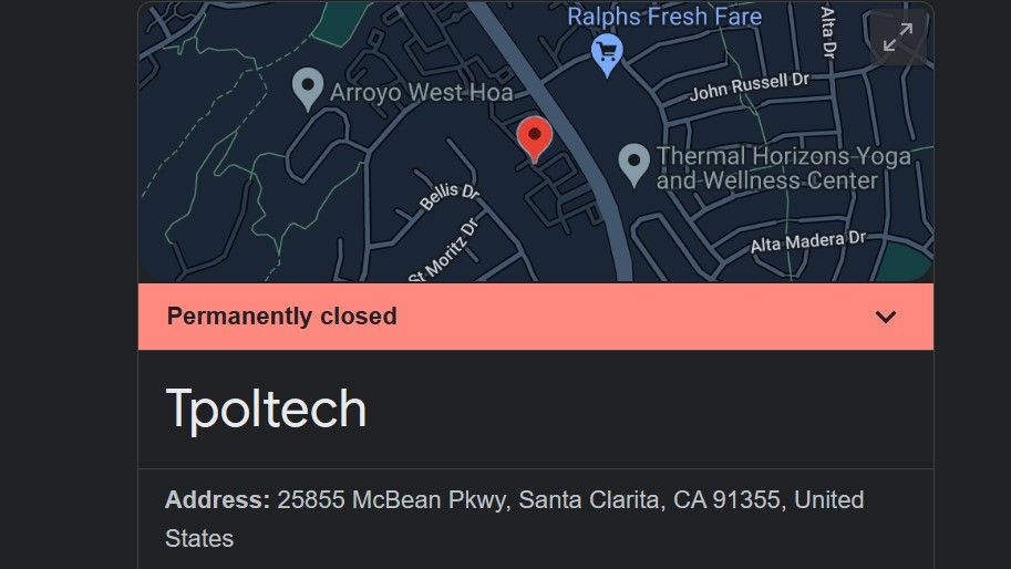 کسب و کار TPOLTECH Inc به عنوان برای همیشه بسته در Google Business نشان داده می شود