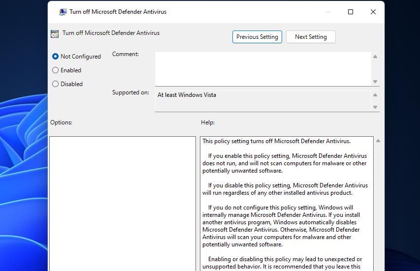 Jendela kebijakan Nonaktifkan Microsoft Defender Antivirus 