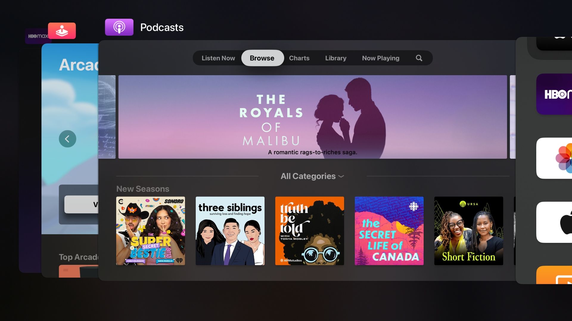 Apple TV screenshot showing the tvOS app switcher with the Apple Podcasts app in the center