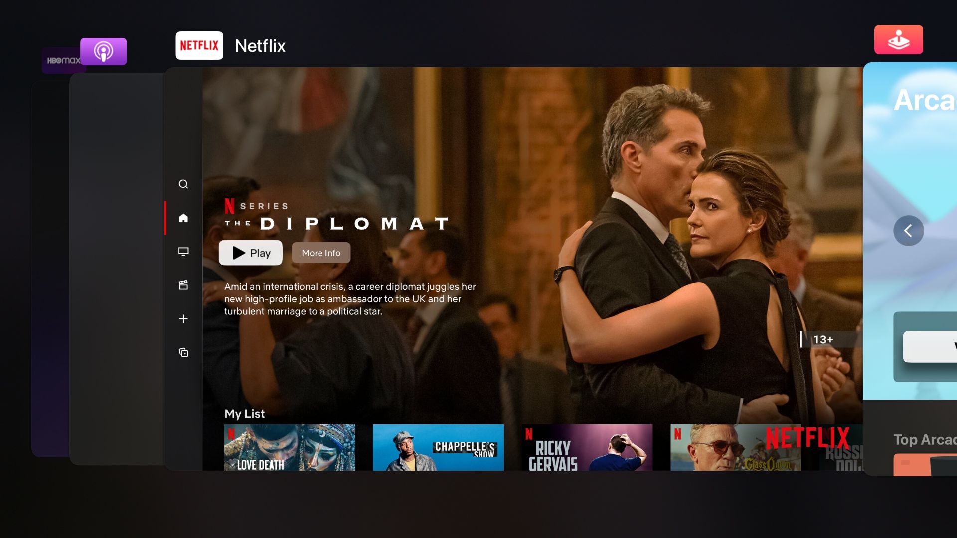 Apple TV screenshot showing the tvOS app switcher with the Netflix app in the center
