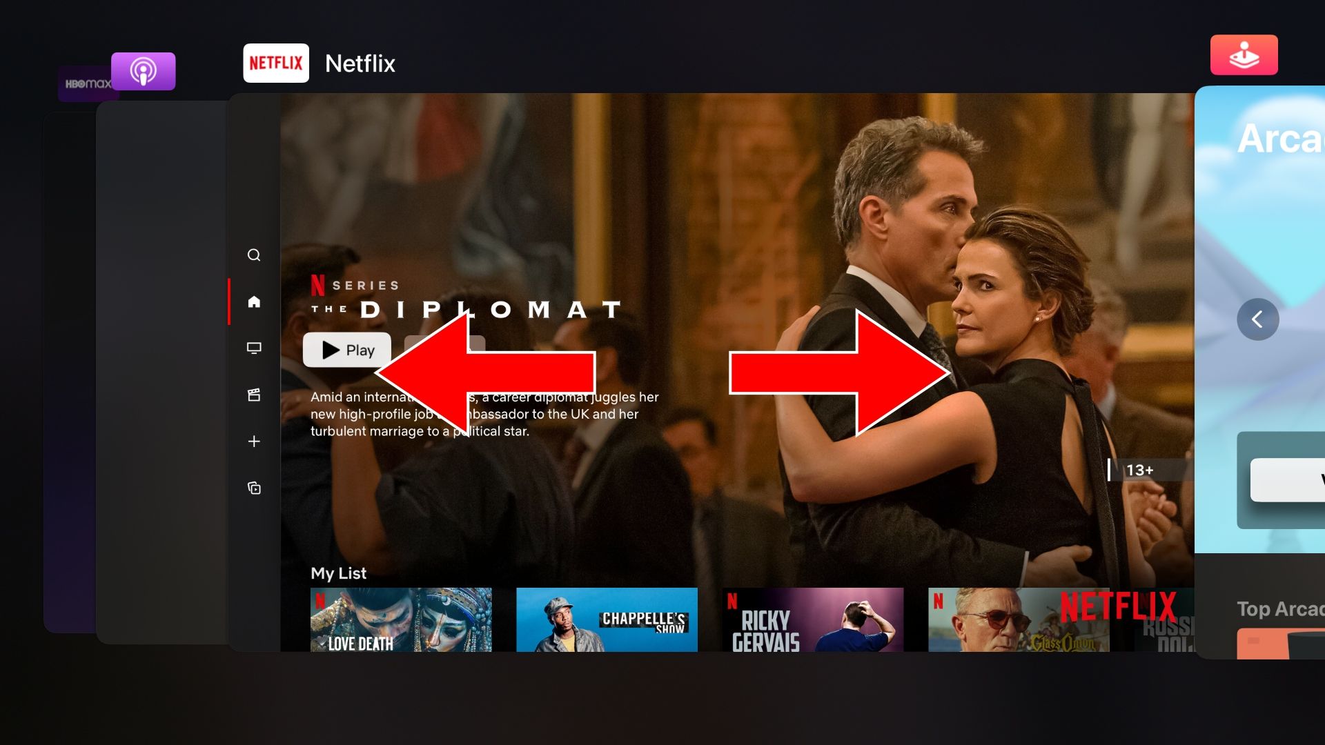 Apple TV screenshot showing tvOS app switcher with the Netflix app in the center