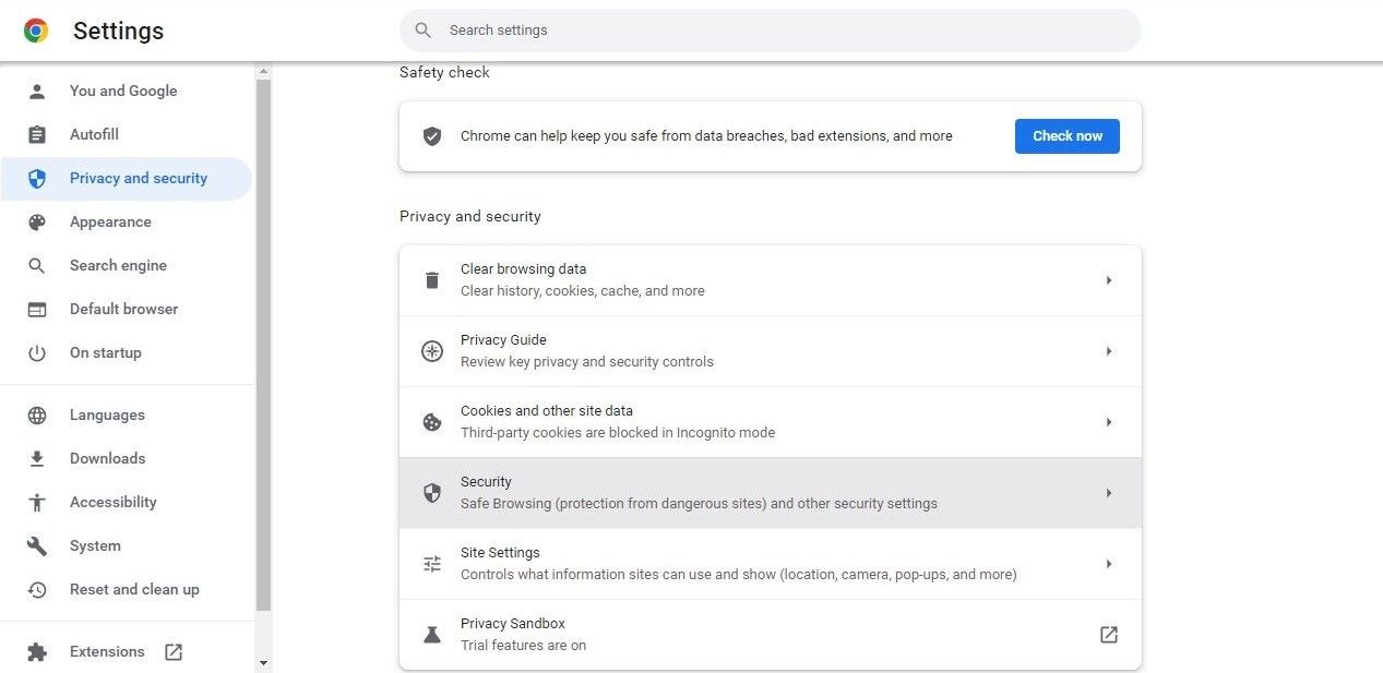Go to Security Settings in Chrome