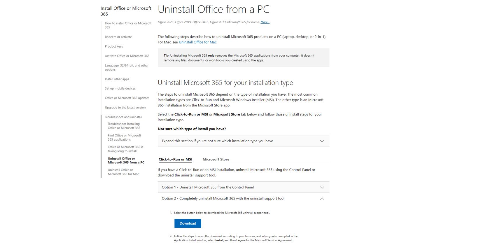 Uninstall Office from a PC support page