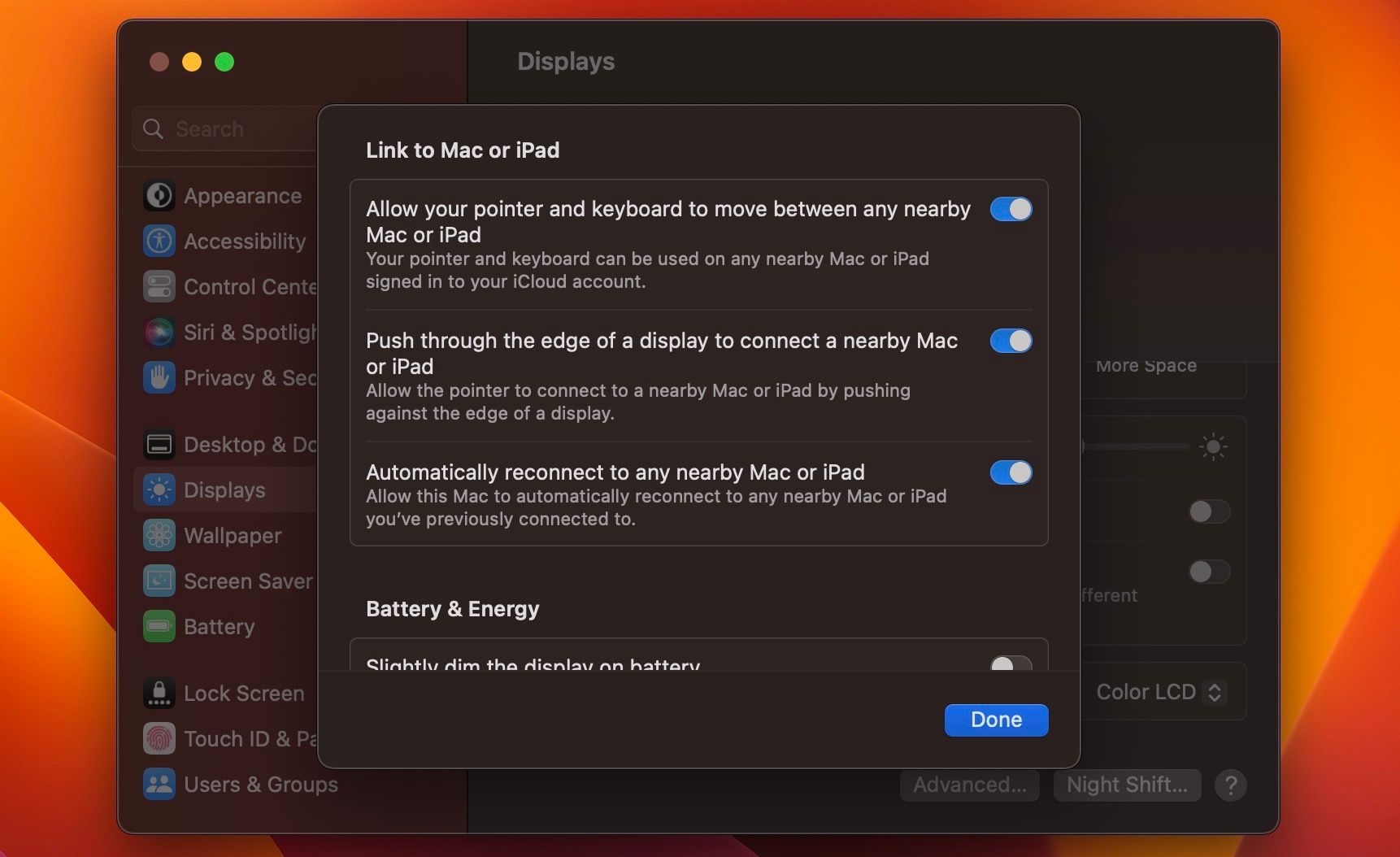 Universal Control settings in macOS