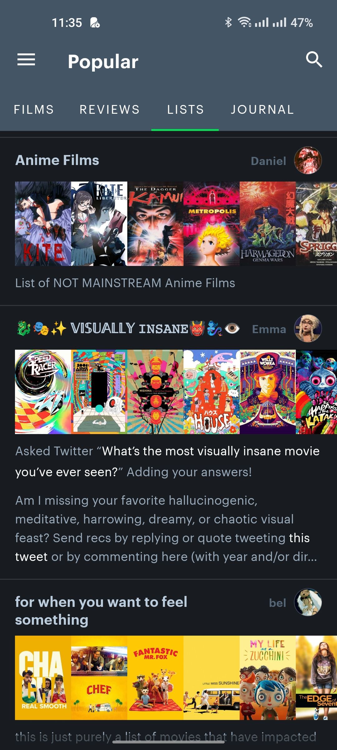 لیست های مختلف در Letterboxd