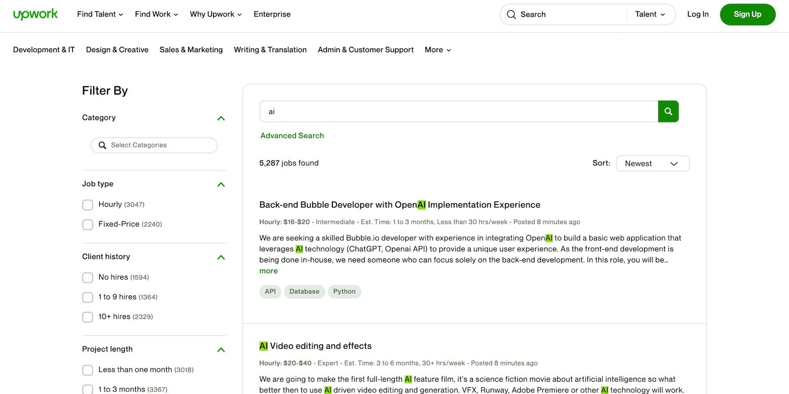 Job Search Results for AI on Upwork