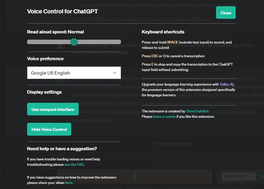 control vocal pentru extensia Chrome ChatGPT