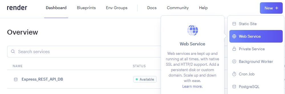 یک منوی کشویی که لیستی از ویژگی های ارائه شده توسط Render را با انتخاب گزینه وب سرویس نشان می دهد.