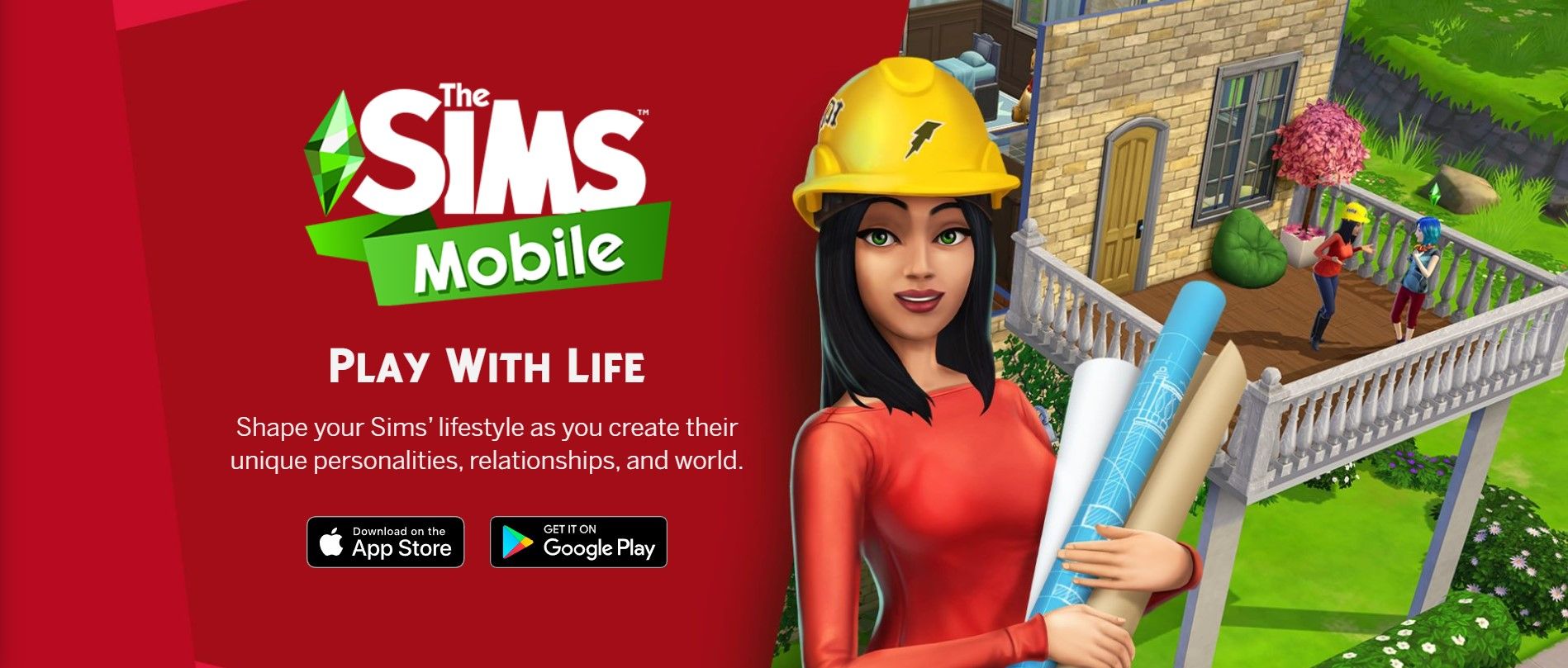 Hình thu nhỏ quảng cáo của Sims Mobile hiển thị một Sim nữ đội mũ cứng đang cầm các bản thiết kế được cuộn lại