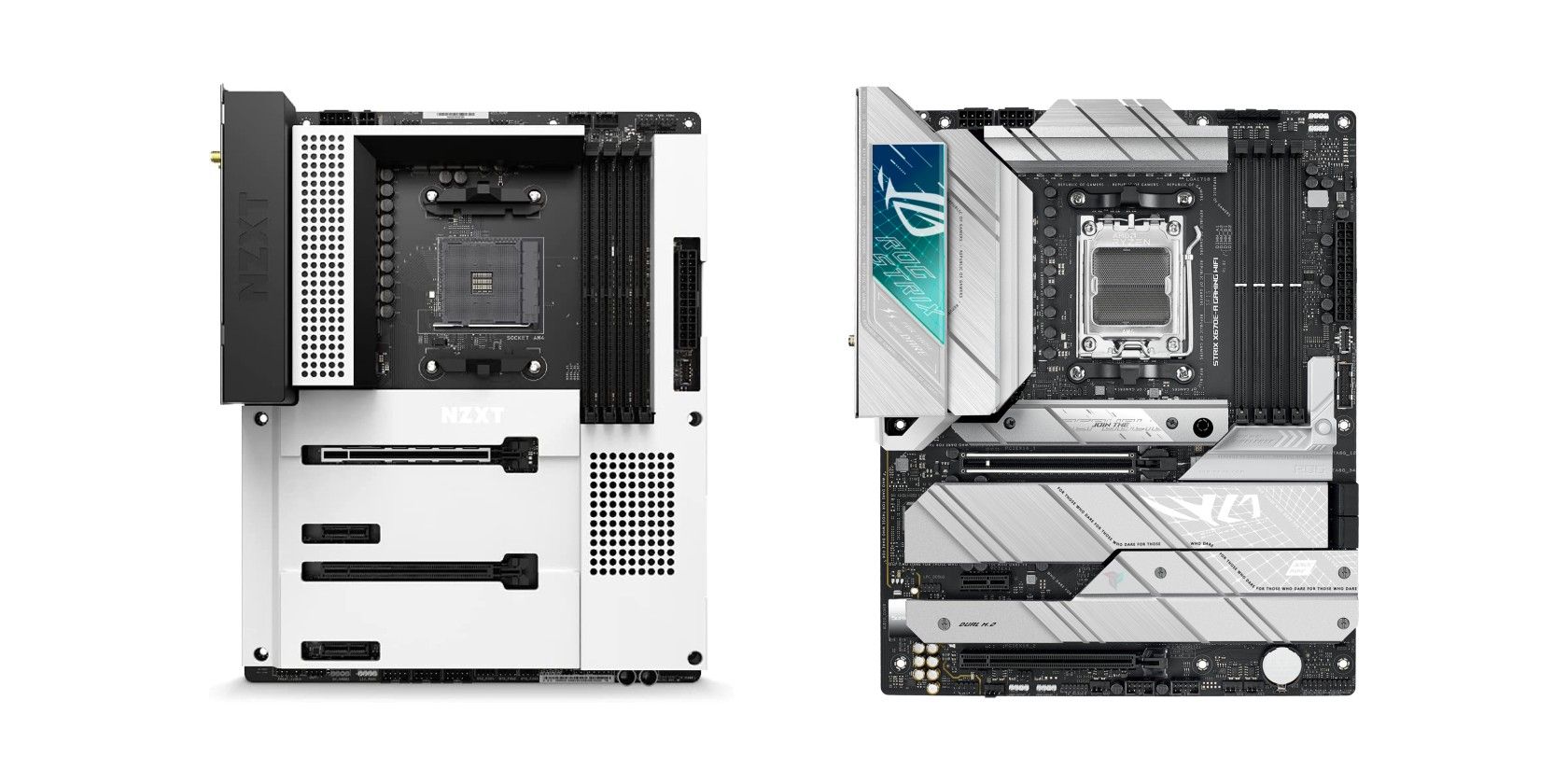 A collage of two white motherboards