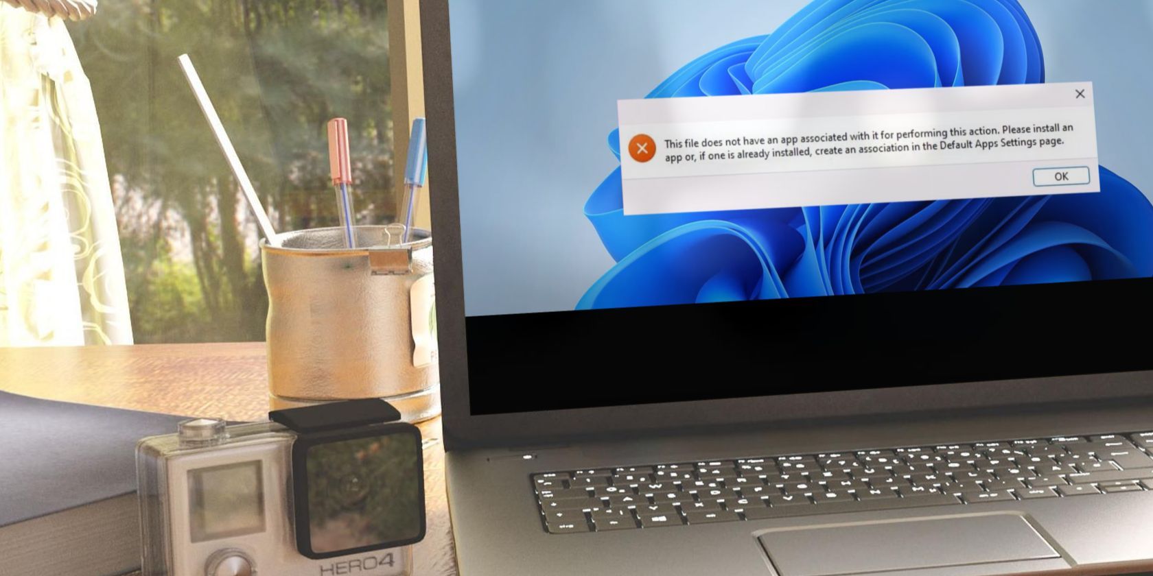 Windows Laptop Showing an Error Placed on a Table Close to a Window