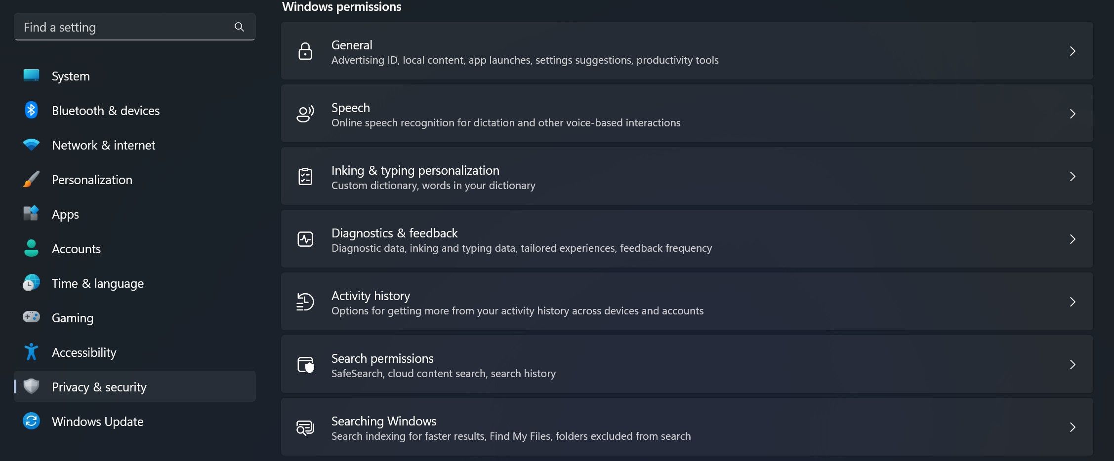 Windows Permissions Settings in the Privacy and Security Tab of the Windows Settings App