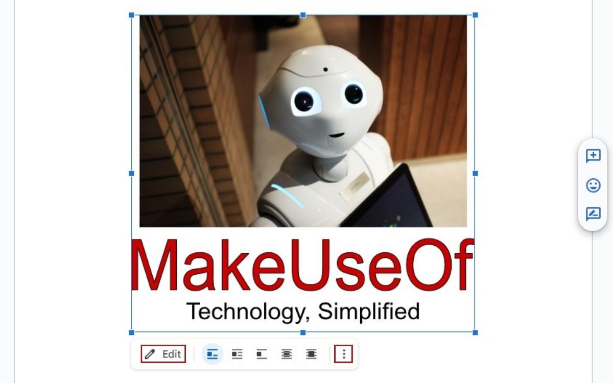 A screenshot of a Google Docs Word document with a Word Art design consisting of an image of a robot above the text MakeUseOf and the words Technology, Simplified underneath