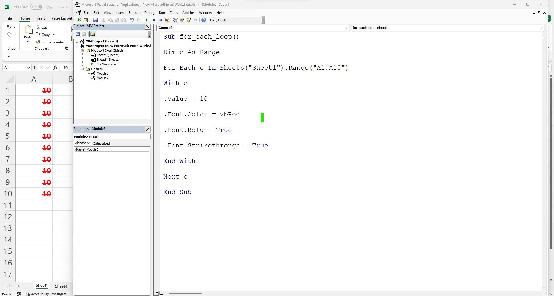 Cuplikan kode VBA di dalam editor dan output excel