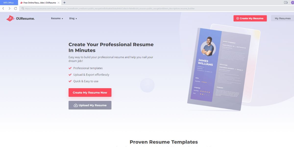 WPS Office Resume Builder page giving options to create a new resume from a template or upload your own
