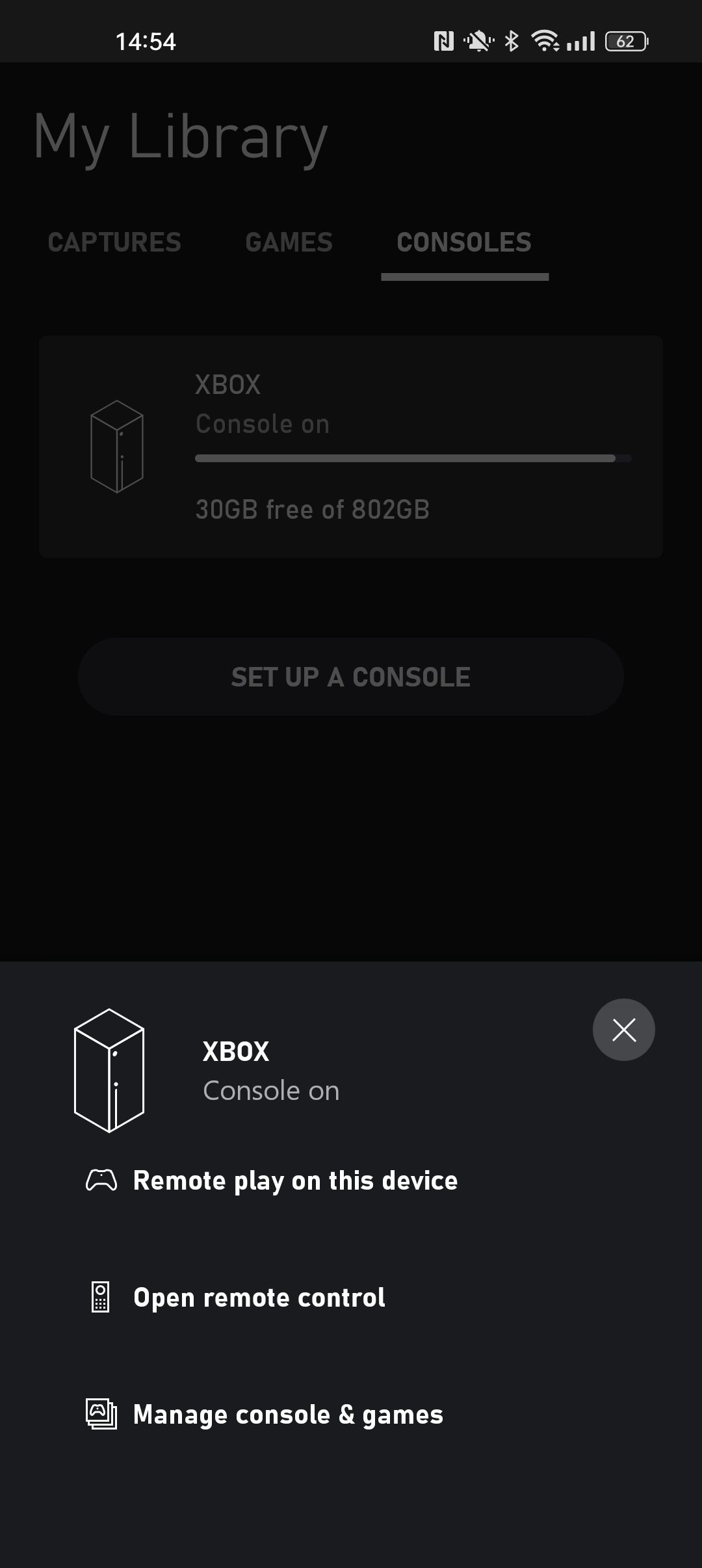 Ảnh chụp màn hình di động của Ứng dụng Xbox dành cho Android làm nổi bật các tùy chọn Bảng điều khiển cho Xbox Series X được kết nối