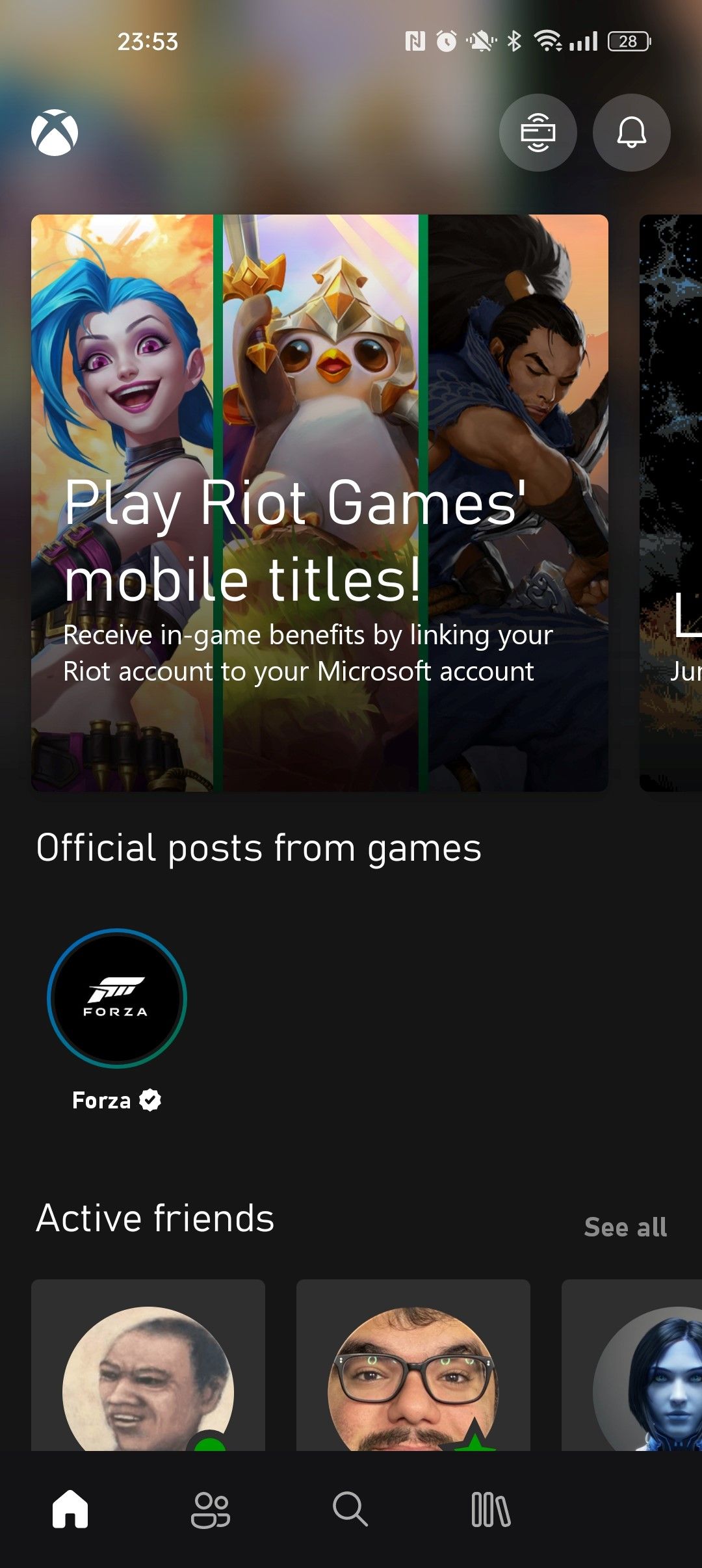A mobile screenshot of the Home screen for the Xbox App on Android