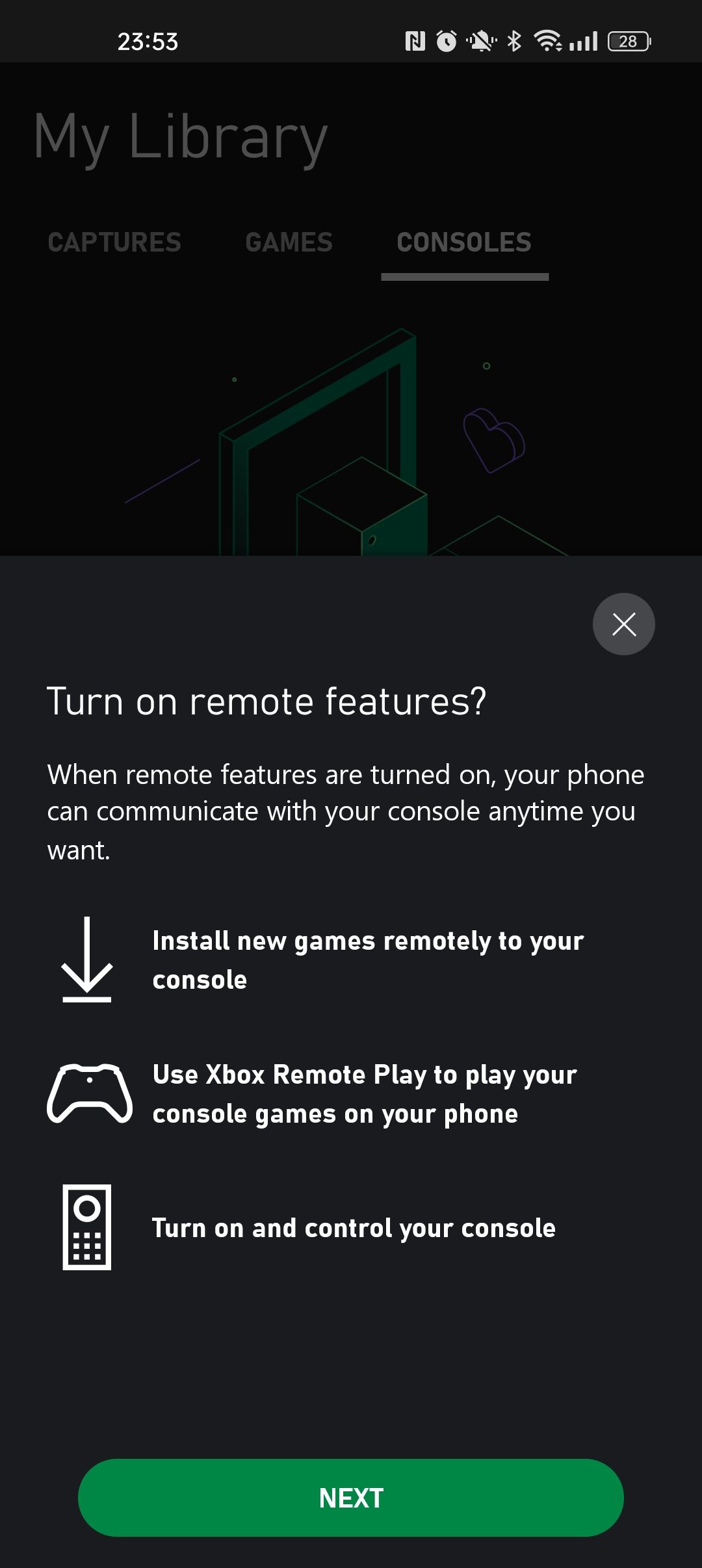 A mobile screenshot of the Remote Features prompt on the Xbox App for Android 