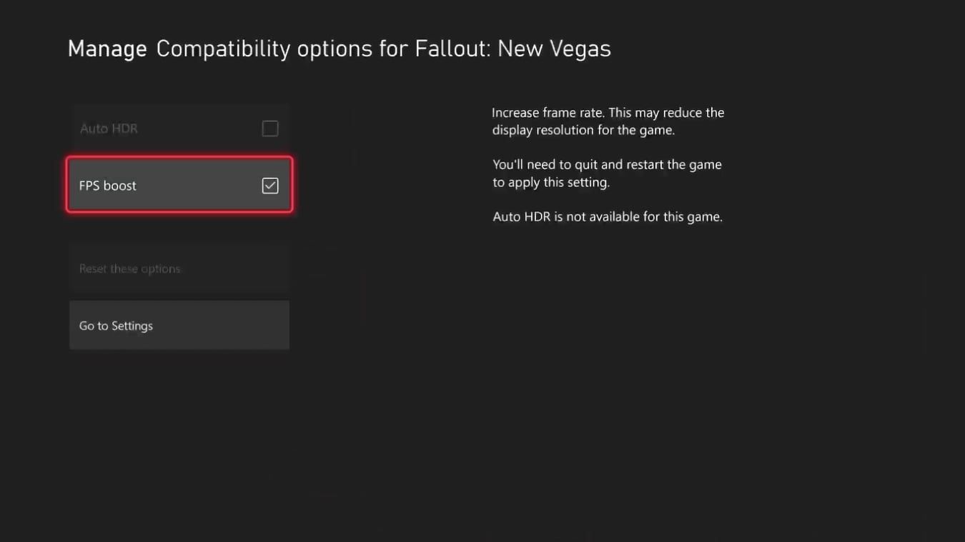 Ảnh chụp màn hình Tùy chọn tương thích cho trò chơi đã cài đặt trên Xbox Series X hiển thị cài đặt FPS Boost