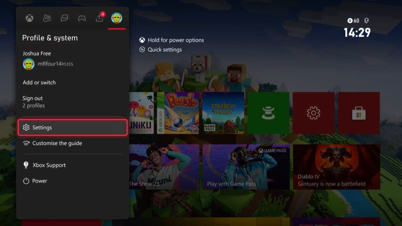 A screenshot of the Xbox Series X Guide menu with the Settings option for Profile and System highlighted 