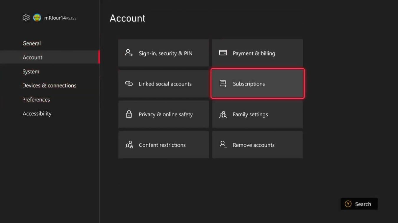 A screenshot of the Account settings for Xbox Series X with Subscriptions highlighted 