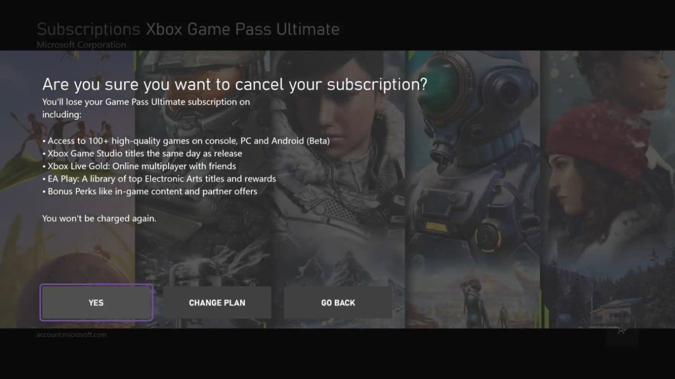 A screenshot of the cancelation prompt fot Xbox Game Pass on an Xbox Series X with the option for Yes highlighted 