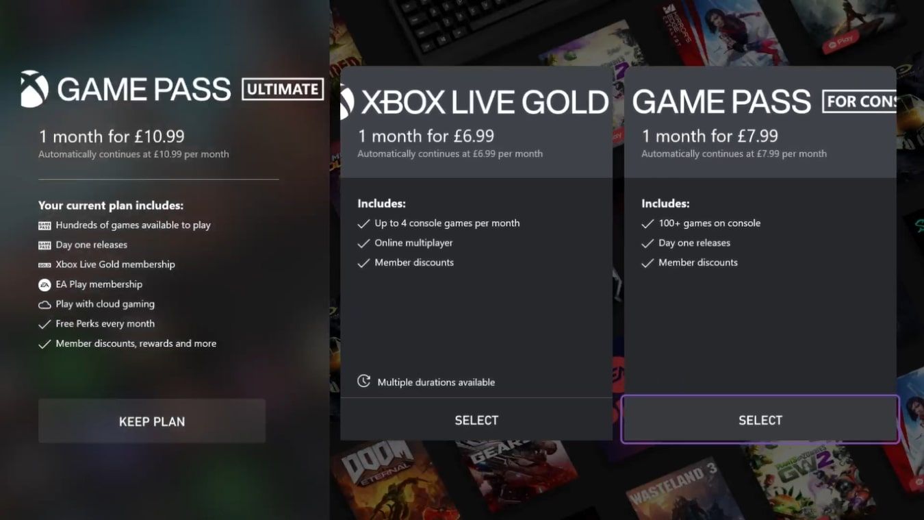 A screenshot of the available Xbox Game Pass plans on Xbox Series X with Select highlighted